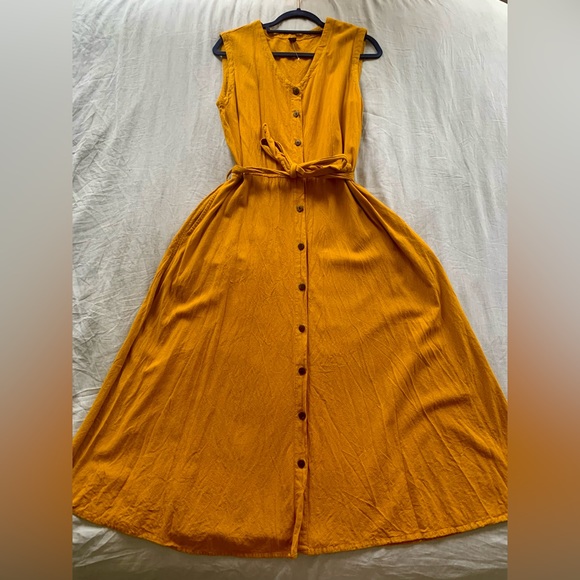 Handmade in Nepal Mustard Yellow Tie-Waist Button Down Midi Dress | Extra Large - Picture 1 of 7